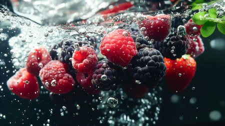 A bunch of ripe mixed berrys, with water droplets, falling into a deep black water tank, creating a colorful contrast and intricate splash patterns.の素材