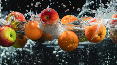 A bunch of fruit is floating in a pool of water. The fruit includes apples and oranges. The image has a playful and lighthearted mood, as the fruit is having fun in the waterの素材