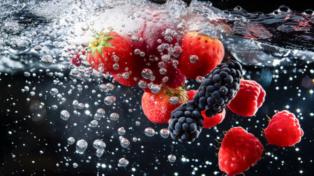 A bunch of ripe mixed berrys, with water droplets, falling into a deep black water tank, creating a colorful contrast and intricate splash patterns.の素材