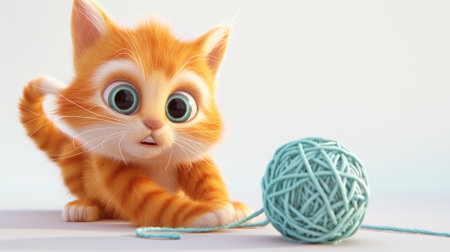 A cartoon cat is playing with a ball of yarn. The cat is orange and has green eyes. The cat is laying on the ground and seems to be enjoying itselfの素材