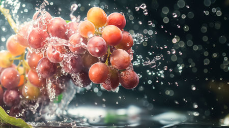 A bunch of grapes are splashing in water. The grapes are red and are surrounded by water dropletsの素材