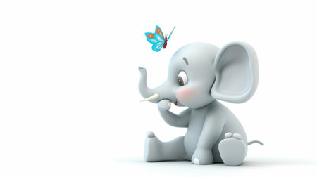 A cartoon elephant is sitting on a white background with a butterfly on its headの素材