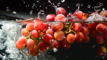 A bunch of grapes are floating in a glass of waterの素材