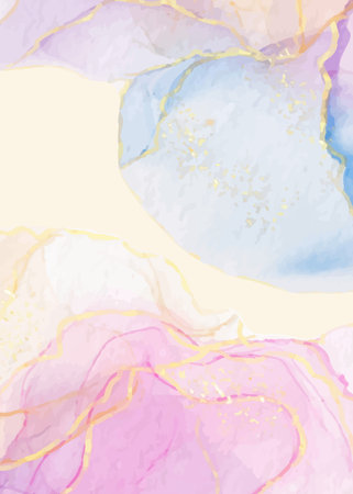 Abstract watercolor background with pink, blue and gold stains. Vector illustrationの写真素材