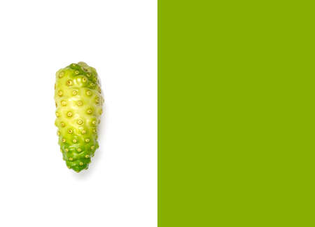 Layout design noni fruit isolated on white and green background. Flat lay. Food concept.の写真素材