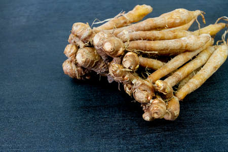 Finger root (Krachai) fresh isolated on black wooden background, finger root is herb and Thai food ingredient.の写真素材