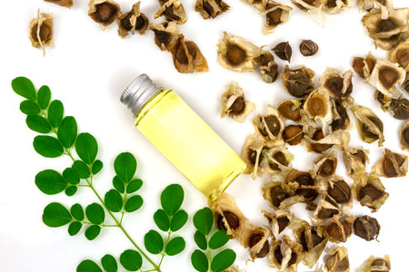 Oil of Moringa in bottle, green leaves and seeds isolated on white background. Moringa oleifera...