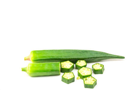 Fresh  organic green okra isolated on white background.の写真素材