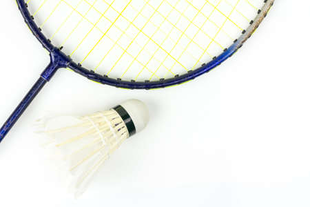 Top view badminton racket and shuttlecock isolated on white background.の写真素材