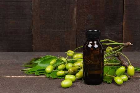 Neem oil in bottle and neem leaf with fruit on wooden background.の写真素材