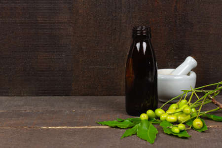 Neem oil in bottle and mortar and pestle white ceramic with neem leaf and fruit on wooden background.の写真素材