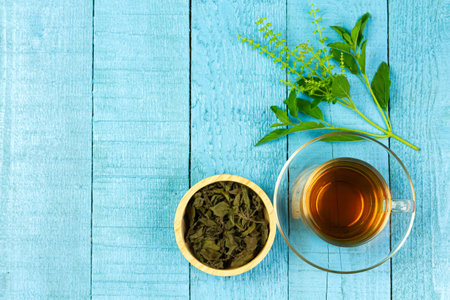 Tulsi or holy basil tea in transparent glass cup with fresh tulsi leaf and dried leaf in wooden bowl...