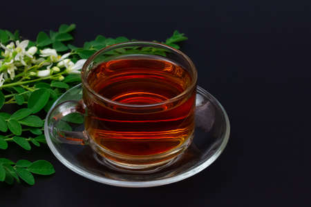 moringa tea  in transparent glass cup with fresh green moringa leaf and flower isolated on black backgroundの写真素材