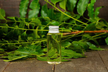 neem oil in bottle and neem leaf on wooden background.の写真素材