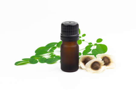 Oil of Moringa in bottle, green leaves and seeds isolated on white background. Moringa oleifera tropical herb product concept.の写真素材