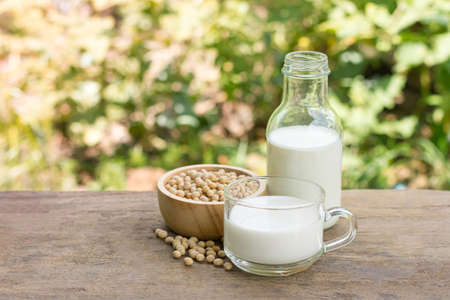 Soy milk in transparent glass with soybeans in wooden bowl on wooden table with blur nature background. Soya milk protein drink for healthcare.の写真素材