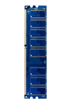 Back DDR RAM memory module blue color for personal computer isolated on white background.