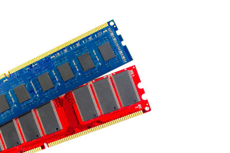 Random Access Memory or RAM for personal computer blue and red color isolated on white background.