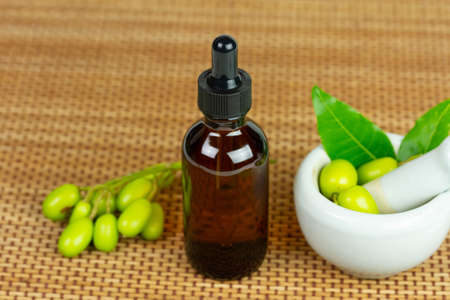 Neem oil in bottle and mortar and pestle white neem fruit on wooden mat.の写真素材
