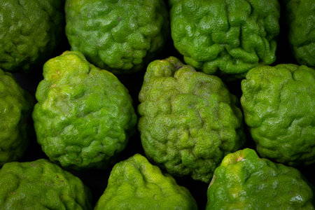 Pile of fresh bergamot fruit. Bergamot is ingredient in asian food and is herb for body care.