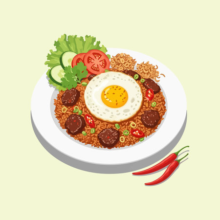 A plate of Nasi Goreng, Indonesian fried rice, topped with a sunny-side-up egg and garnished with chili peppers, cucumber, and tomatoes.のイラスト素材
