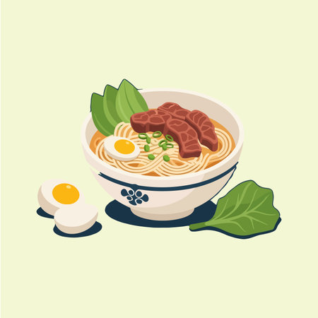 A bowl of ramen noodles topped with meat slices and a boiled egg, served with fresh greens.のイラスト素材