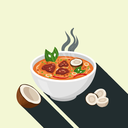 A vibrant and aromatic bowl of hot curry soup with meat, chili, and herbs, served with fresh coconut and mushrooms, perfect for a comforting meal.のイラスト素材