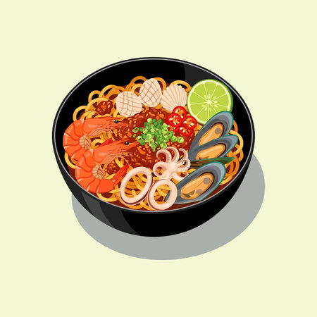 A vibrant bowl of seafood noodles featuring succulent shrimp, fresh mussels, tender squid, and a zesty lime wedge.のイラスト素材