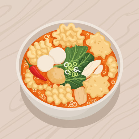 A vibrant bowl of Indonesian Seblak, a popular spicy and savory dish featuring krupuk crackers, fish balls, green vegetables, and chili in a rich orange broth.のイラスト素材