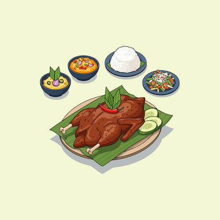 A beautifully presented Indonesian roasted chicken dish with rice, sauces, and vegetables.のイラスト素材