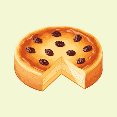 A whole cheesecake with a slice removed showing the creamy texture and raisins on topのイラスト素材