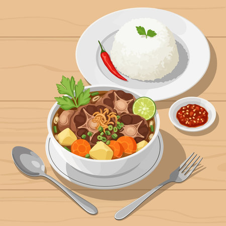 A vibrant illustration of Indonesian oxtail soup, served with rice and chili sauce, showcasing the rich flavors and presentation.のイラスト素材