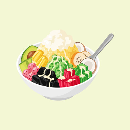 A vibrant bowl of Halo-Halo, a popular Filipino dessert featuring shaved ice, various fruits, jellies, and sweet toppings, creating a delightful and refreshing treat.のイラスト素材