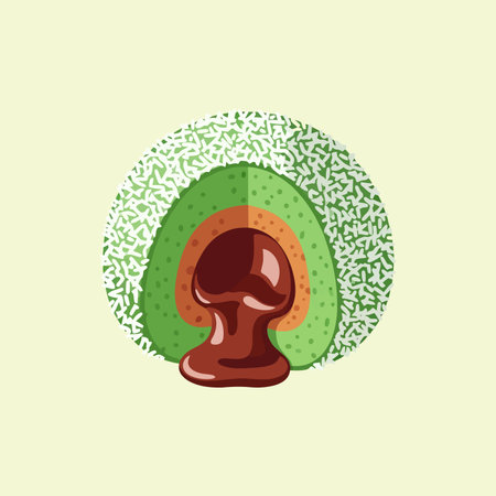A vector illustration of a cut green mochi or rice cake. The dessert has a layered interior and a molten chocolate lava filling oozing out from the center.のイラスト素材