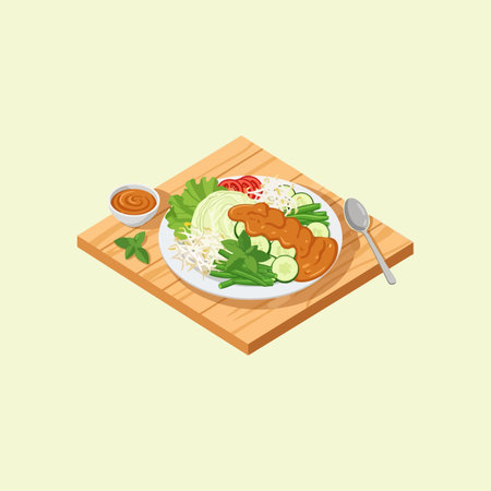 A vibrant plate of Gado-Gado, a traditional Indonesian salad, featuring fresh vegetables, tofu, and peanut sauce, served on a rustic wooden board.のイラスト素材