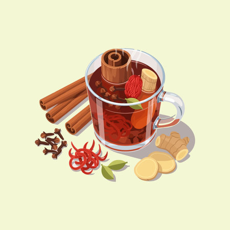 Vector illustration of a warm spiced drink in a clear glass mug. Ingredients like cinnamon sticks, cloves, sliced ginger, and red chili threads are arranged around the cup.のイラスト素材