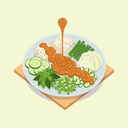 A vibrant plate of Gado-Gado, an Indonesian salad featuring a mix of fresh vegetables, rice, and a rich peanut sauce.のイラスト素材