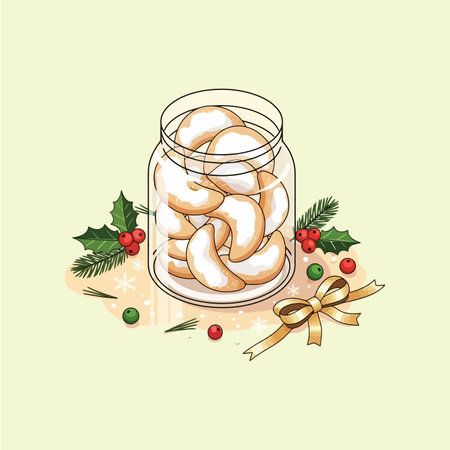 A jar filled with crescent-shaped cookies, surrounded by holly leaves, berries, and a golden ribbon, evoking a festive holiday spirit.のイラスト素材