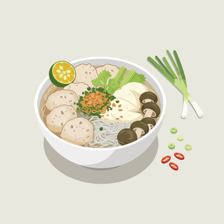 A vibrant and appetizing Vietnamese Pho bowl featuring various ingredients like meatballs, mushrooms, and herbs.のイラスト素材