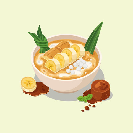 A vibrant illustration of Es Pisang Ijo, a traditional Indonesian dessert featuring green banana, coconut milk, and sweet syrup, garnished with pandan leaves.のイラスト素材