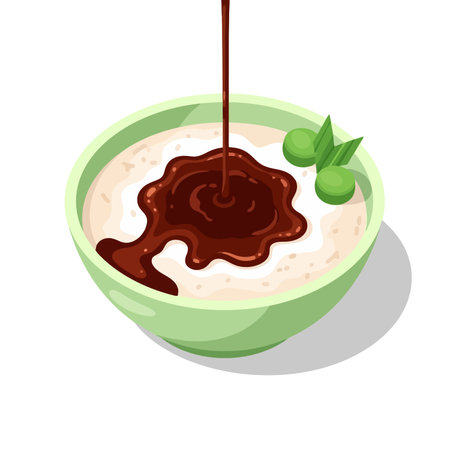 A delectable stream of dark chocolate syrup cascades onto a warm bowl of light-colored oatmeal or porridge, garnished with small green berries or leaves, creating an inviting and delicious breakfast .のイラスト素材