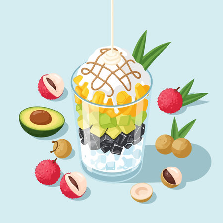 A vibrant and refreshing Vietnamese mixed fruit dessert featuring layers of lychee, avocado, and other tropical fruits, topped with a creamy sauce.のイラスト素材