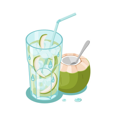 Illustration of a tall glass filled with coconut water, ice, and coconut slices, accompanied by a fresh coconut with a spoon, creating a tropical and refreshing scene.のイラスト素材
