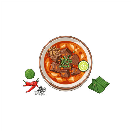 A vibrant bowl of spicy beef stew, garnished with fresh lime, green peas, and chili peppers, served with aromatic herbs and spices.のイラスト素材