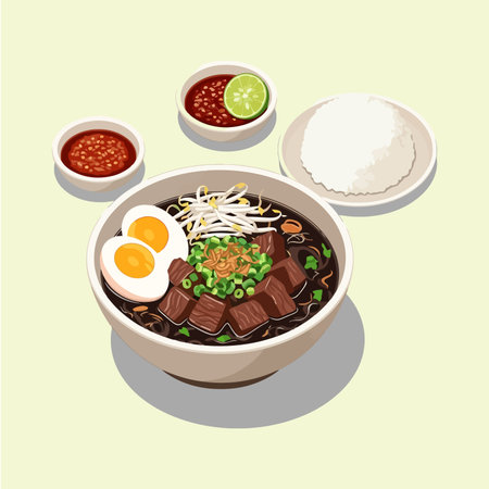 Illustration of Rawon, a traditional Indonesian beef soup, served with rice, boiled egg, sprouts, and condiments, showcasing rich culinary heritage.のイラスト素材