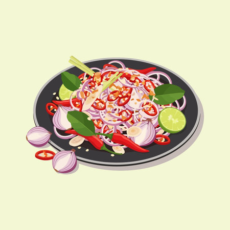 A vibrant illustration of a Thai salad featuring thinly sliced onions, chili peppers, lime, and herbs, presented on a dark plate.のイラスト素材