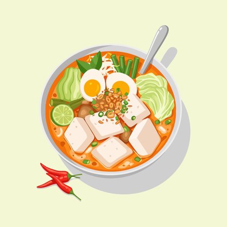 A detailed vector illustration of a bowl of spicy Asian noodle soup. The dish contains tofu cubes, hard-boiled eggs, green vegetables, lime, and is garnished with scallions.のイラスト素材