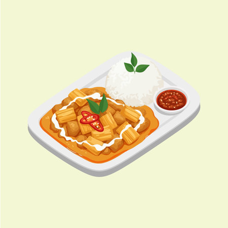 An appetizing illustration of a traditional Thai curry dish featuring crispy fried dough sticks, creamy sauce, fresh basil, and a side of steamed white rice with chili dip.のイラスト素材