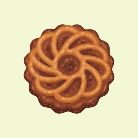A top-down view of a single, round, golden-brown mooncake. The pastry features an intricate, swirling decorative pattern on its surface with fluted edges, isolated.のイラスト素材