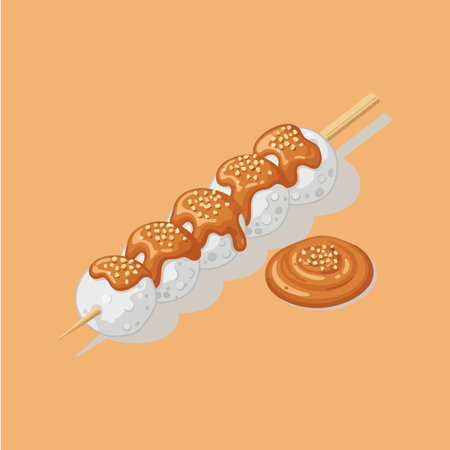 An illustration of a classic Japanese Mitarashi Dango skewer featuring five soft rice dumplings coated in a rich, sweet soy glaze and sprinkled with sesame seeds, served with extra sauce.のイラスト素材
